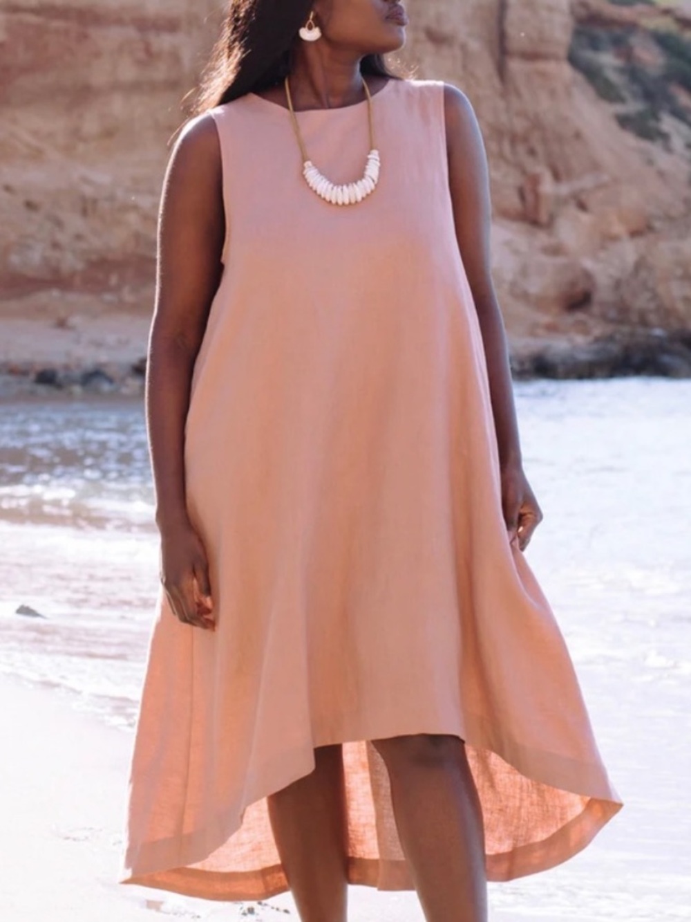 Magic Linen Royal Toscana Sleeveless Hi Low Linen Dress in Rose Size XL